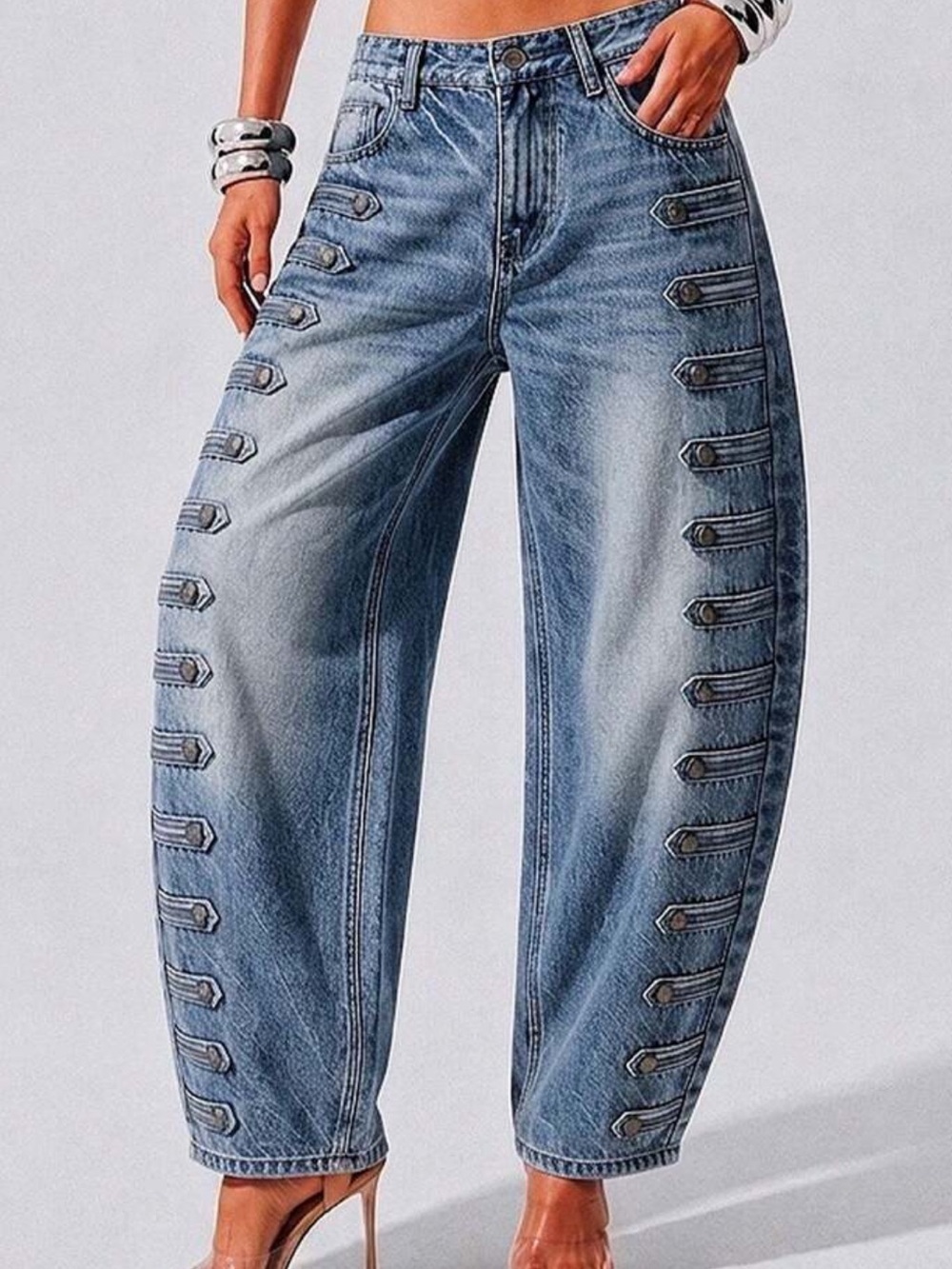 Women High Waisted Wide Leg Jeans, Side Multi Strap Buckle Denim Pants